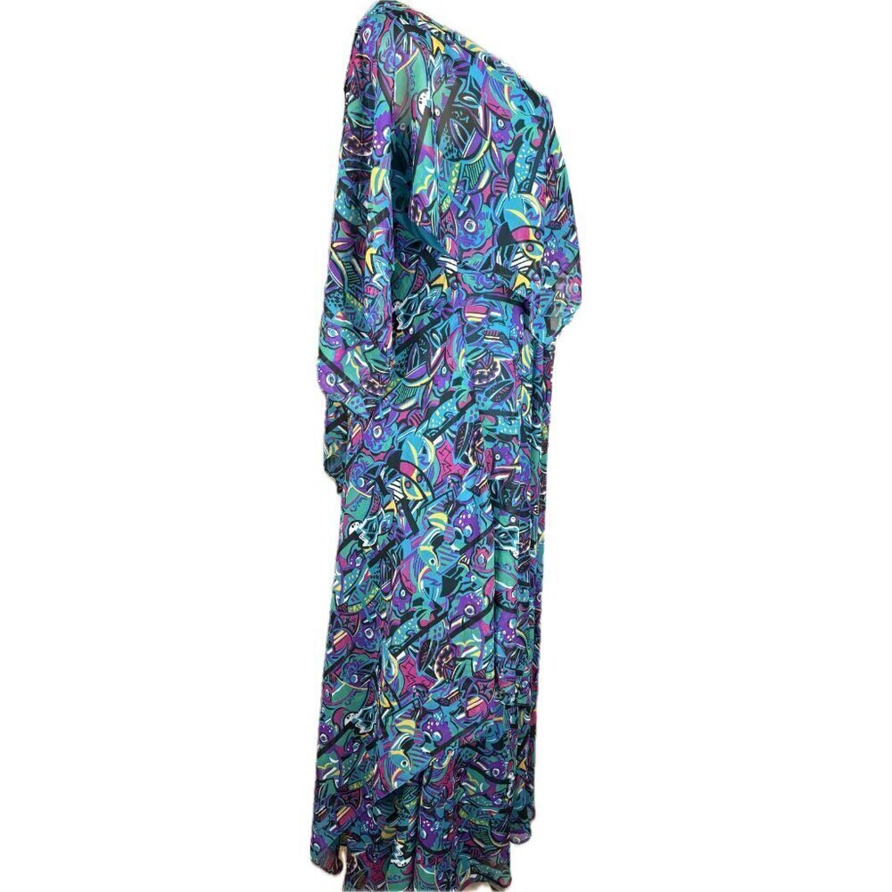 Vicky Tiel M Teal Abstract Peacock V-Neck Layers Lined Zip 1/2 Sleeve Maxi Dress - Picture 3 of 6